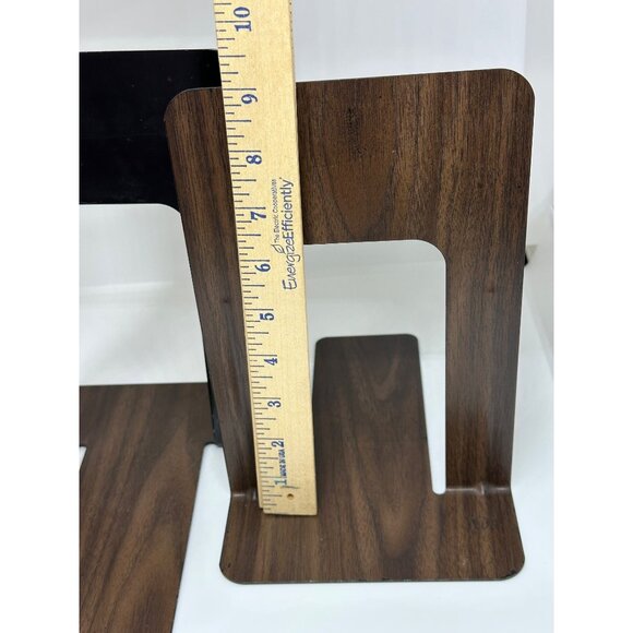 Industrial Black Metal Bookends Set of 2 Faux Wood Grain Heavy Duty 5.5"x9" - Picture 6 of 9